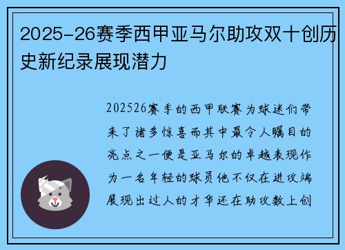2025-26赛季西甲亚马尔助攻双十创历史新纪录展现潜力 2025-26赛季西甲亚马尔助攻双十创历史新纪录展现潜力