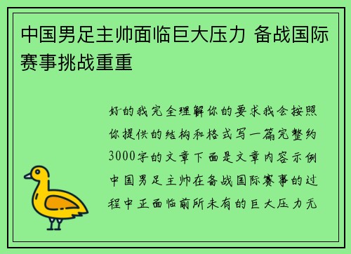 中国男足主帅面临巨大压力 备战国际赛事挑战重重